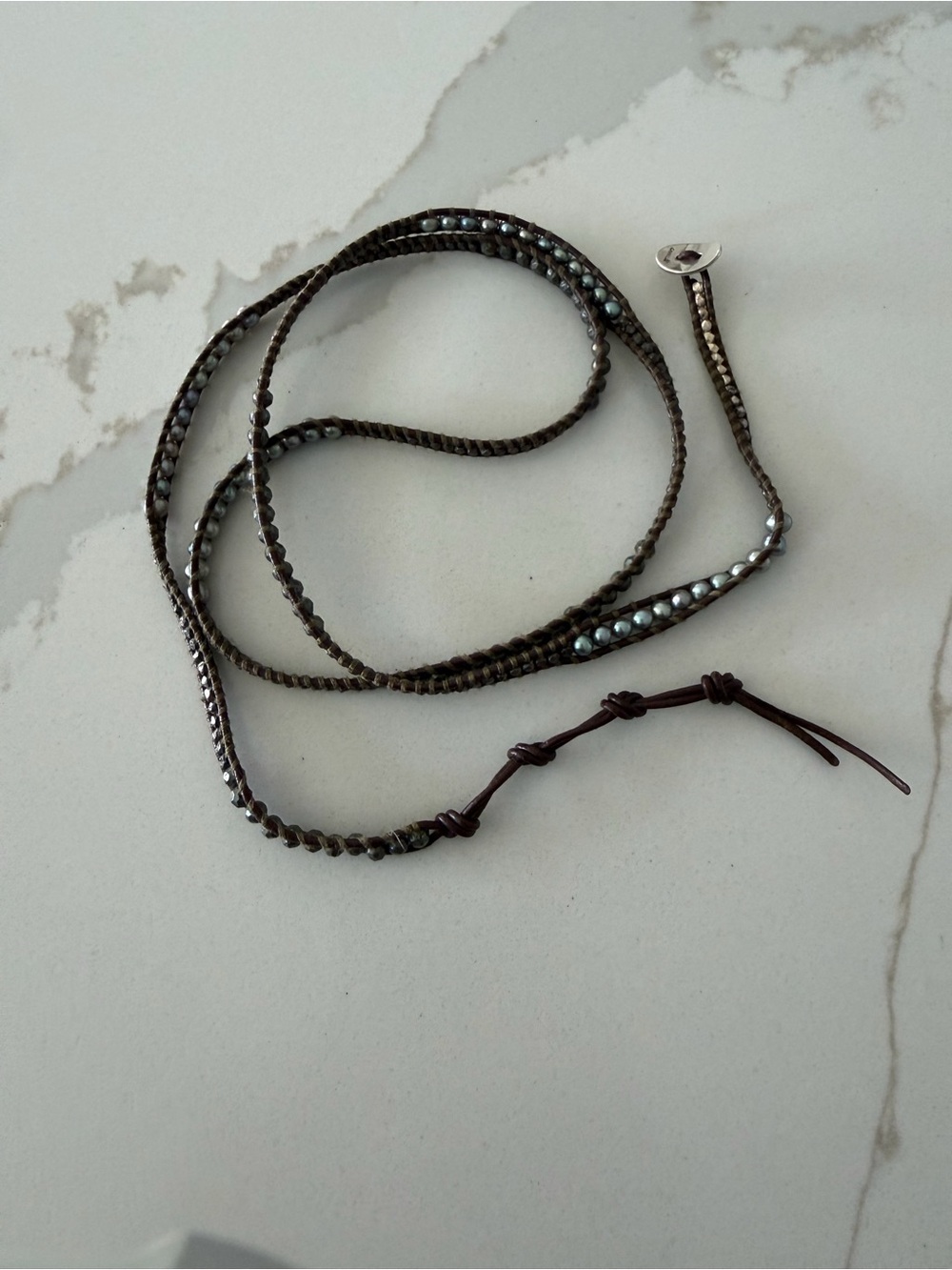 Chan Luu Brown Braided Leather Wrap with Blue Grey FWP & Faceted Pyrite 35” - Picture 6 of 13